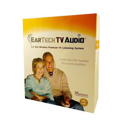 Eartech TV audio device in orange and white packaging