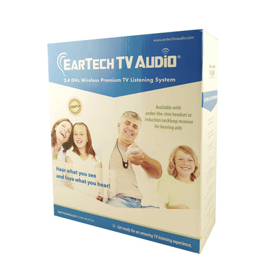 Eartech TV audio device in white and blue packaging