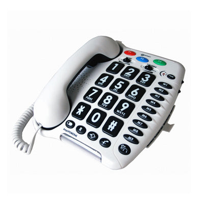 White telephone with large black feature buttons