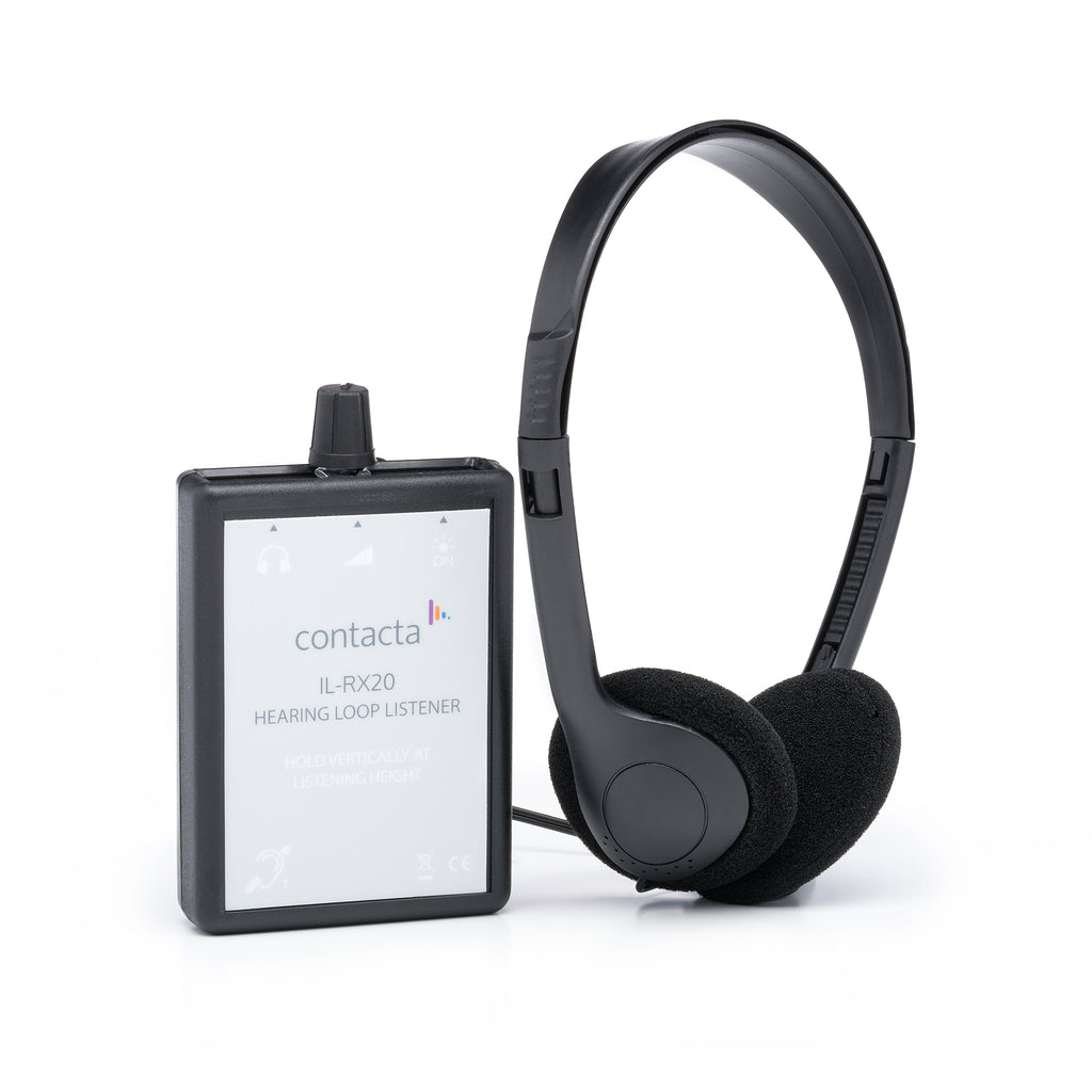 Black Contacta loop listener on white background with set of headphones.