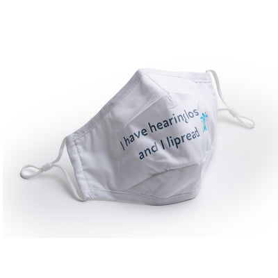 White fabric face covering with strap and wording 