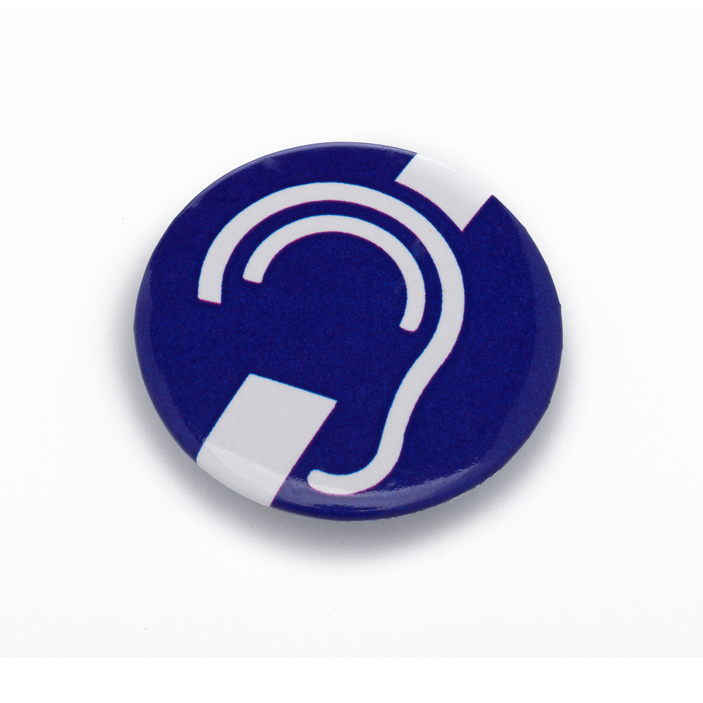 Blue pin badge featuring international deaf symbol in white accent on white background