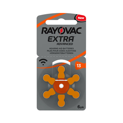 Size 13 (orange) Rayovac hearing aids presented in cardboard-backed packaging with plastic holder