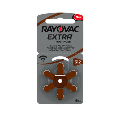 Size 312 (brown) Rayovac hearing aids presented in cardboard-backed packaging with plastic holder
