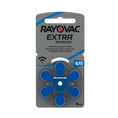 Size 675 (blue) Rayovac hearing aids presented in cardboard-backed packaging with plastic holder