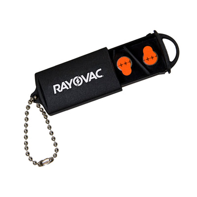 Rayovac black plastic hearing aid holder with key chain, displaying two hearing aid batteries.