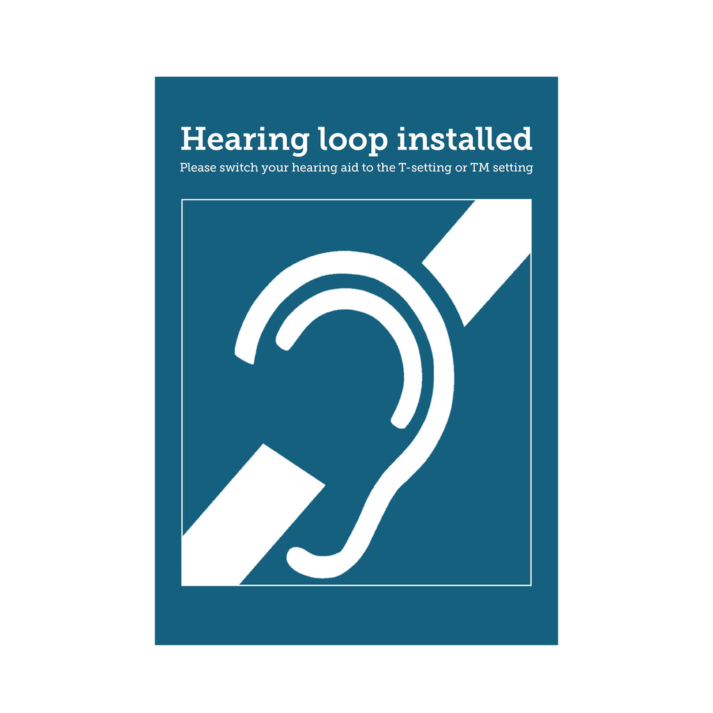 Dark blue window sticker featuring international deaf symbol and wording 'Please switch your hearing aid to the T-setting or TM-setting'.