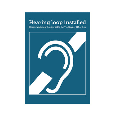 Dark blue window sticker featuring international deaf symbol and wording 'Please switch your hearing aid to the T-setting or TM-setting'.