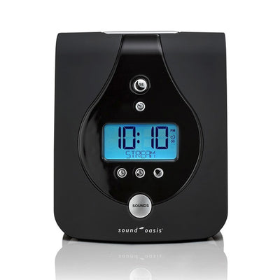 Black sound therapy machine with LED display, feature buttons on a white background