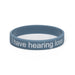 Dark blue / grey silicone wristband with white embossed writing 'I have hearing loss' and Hearing Link logo on white background