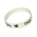 Reverse view of white / light grey silicone wristband with black embossed writing 'DEAF - please speak clearly' and Hearing Link logo on white background