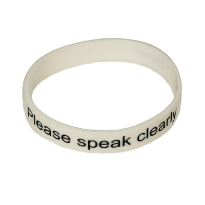 White / light grey silicone wristband with black embossed writing 'DEAF - please speak clearly' and Hearing Link logo on white background