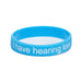 Light blue silicone wristband with white embossed writing 'I have hearing loss' and Hearing Link logo on white background