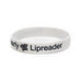 Reverse view of white / light grey silicone wristband with black embossed writing 'Lipreader - please speak clearly' and Hearing Link logo on white background