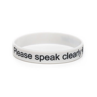 White / light grey silicone wristband with black embossed writing 'Lipreader - please speak clearly' and Hearing Link logo on white background