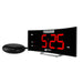 Curved rectangular black alarm clock with large LED display with red lettering