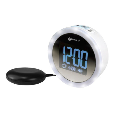 Circular white alarm clock with bright LED display