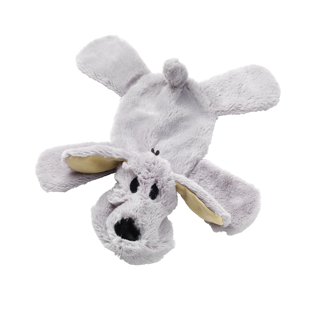 Photo of soft crinkle dog toy as if it was laid out flat with all its legs sprawled out. The toy is grey and in the shape of a dog with floppy ears. The toy has two black oval shaped eyes and a large black nose.