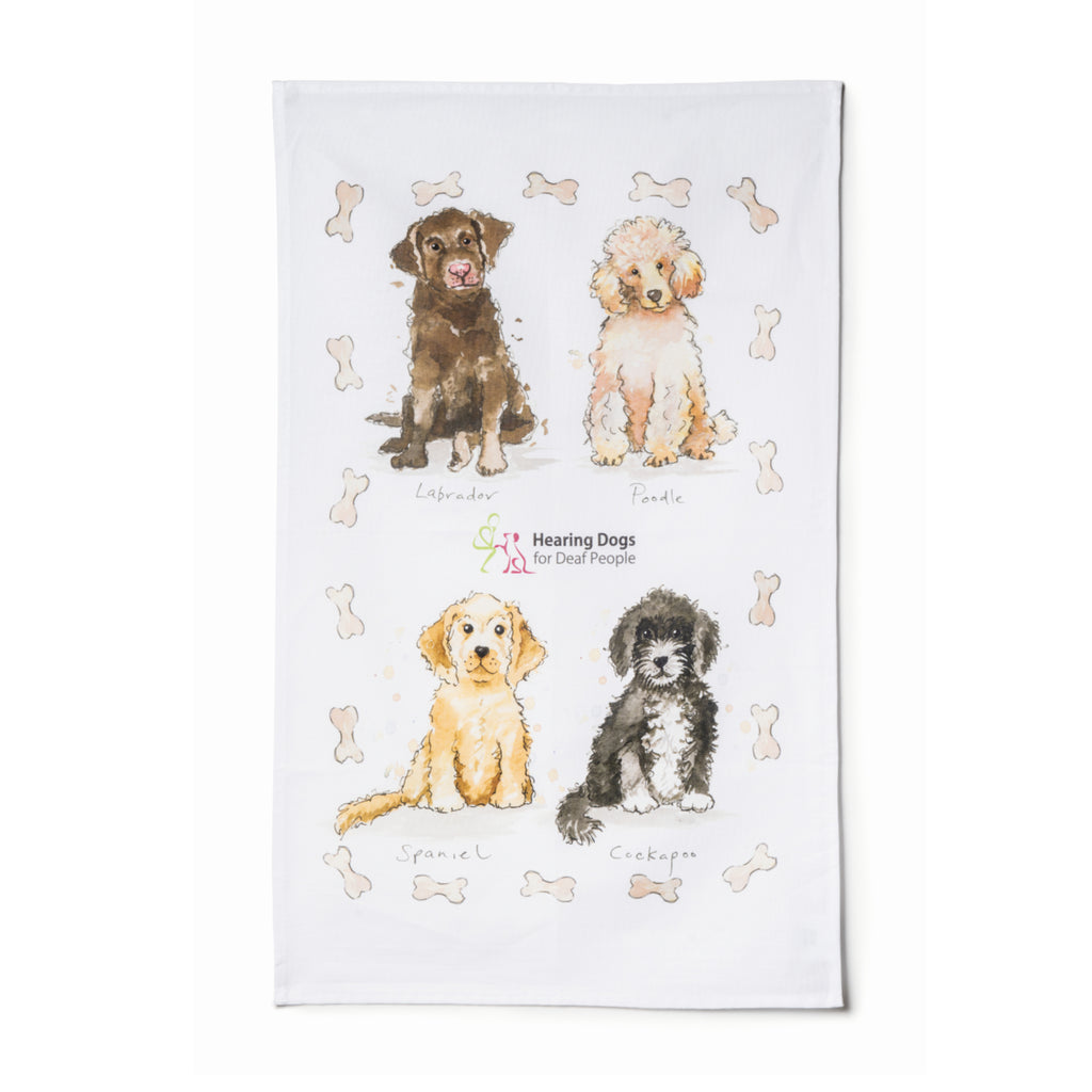 Rectangular tea towel (portrait) white with sketch illustrations of a brown Labrador, apricot Poodle, yellow Spaniel and black and white Cockapoo surrounded by bones. The Hearing Dogs logo is in the centre of the tea towel.