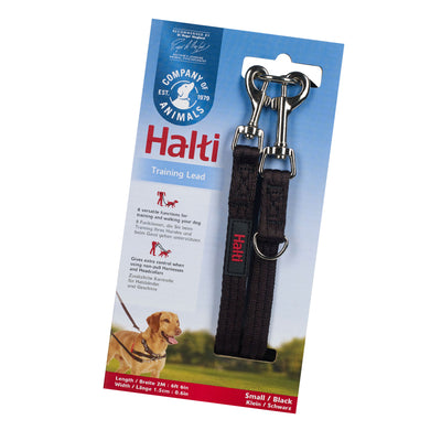 Black fabric lead with silver metal trigger hooks folded around its packaging which says Halti Training Lead with a picture of a yellow Labrador looking happy while wearing the lead.