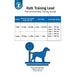 Halti Training Lead Recommended Size Guide in a table that shows that small dogs weighing 27.5kg / 60lbs or less shoudl have a small lead with a lead width of 15mm. And large dogs, weighing 52.5kg / 115lbs or less shoudl have a large lead with a lead width of 25mm. Both leads have five length options: 1 metre / 1.2 metres / 1.4 metres / 1.7 metres / 2 metres