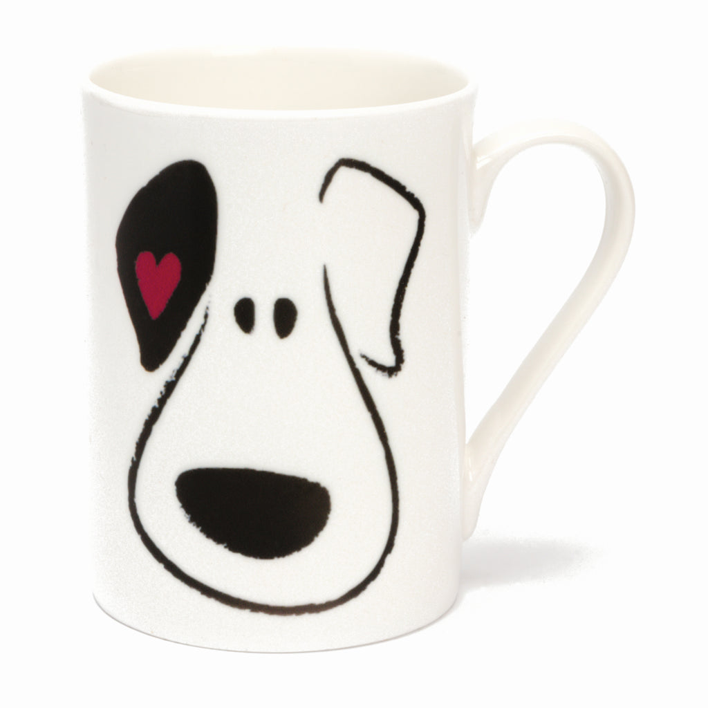 White, straight-sided, china mug with one large cartoon puppy face with a burgundy heart on the ear on the side of the mug