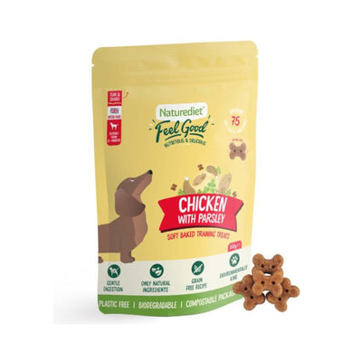 Image shows a soft yellow 100gram packet, full of hand baked mini bone shaped treats, which are chicken with parsley flavour. These treats are full of natural ingredients, used for rewarding, training, snacking and spoiling. Served up in plastic free, biodegradable pouch