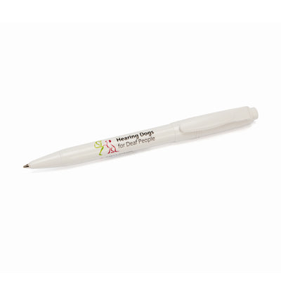 Plain cream ballpoint plunger pen with retractable nib, and Hearing Dogs logo on the side.