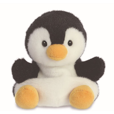 Front facing photo of soft toy penguin, sitting upright. Penguin has white coloured tummy and face and a black wings and back. The penguin toy has yellow feat and a yellow beak. 