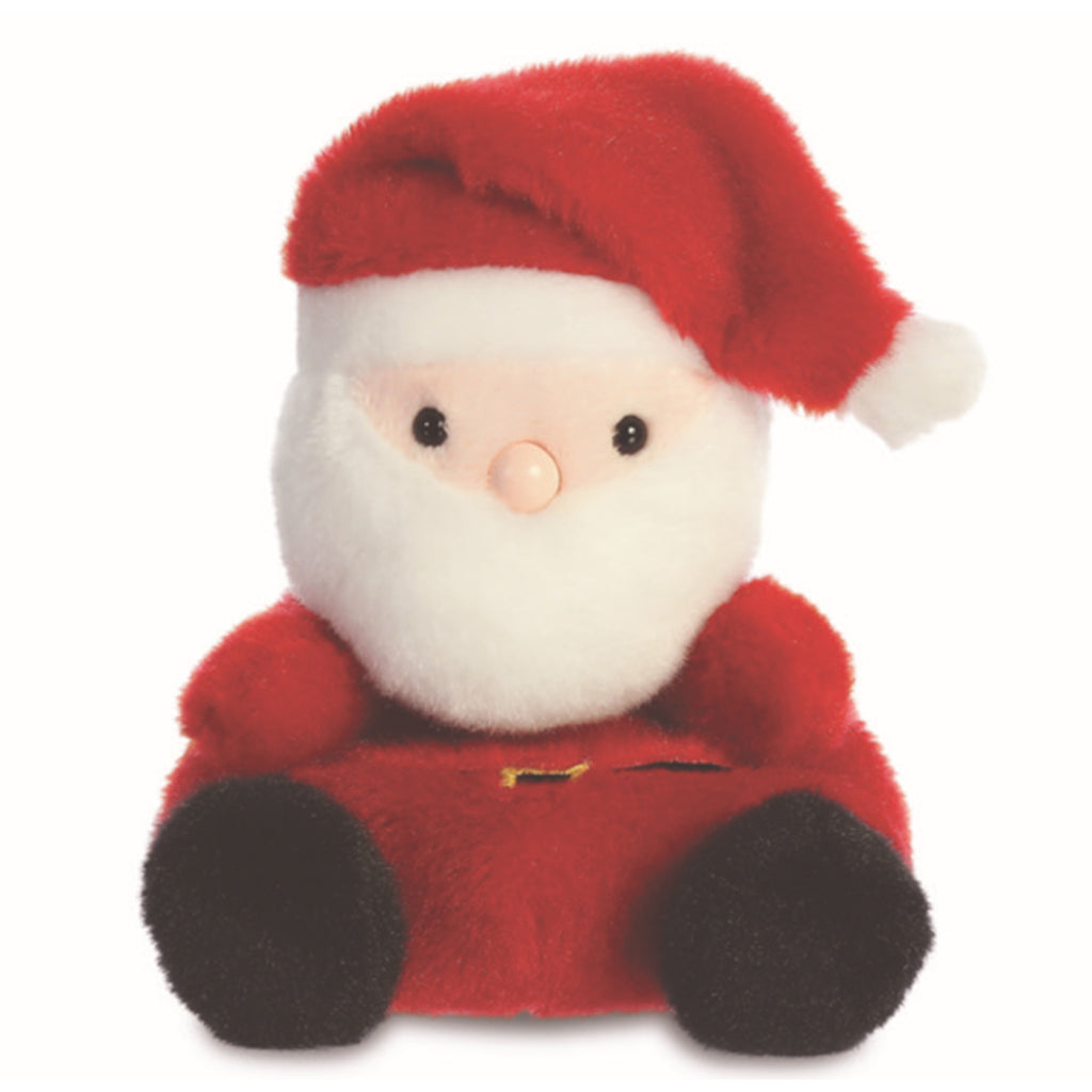 Front facing photo of soft toy Santa, sitting upright. The soft toy Santa is wearing his usual red hat with a white pom pom, a red suit with a black belt, and black boots.