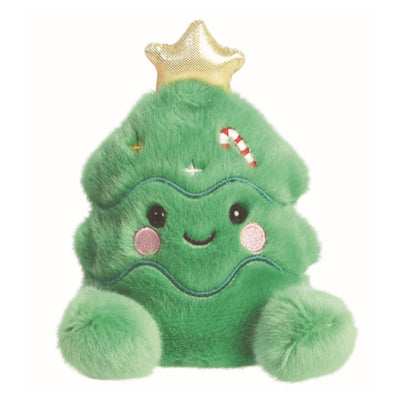 Front facing photo of soft toy Christmas tree, sitting up right. The green Christmas tree has facial features and legs/feet. The Christmas tree is smiling with a happy expression and blushing cheeks. There is a gold star on top of the Christmas tree. There is an embroidered red and white candy cane decoration, along with an embroidered star decoration.