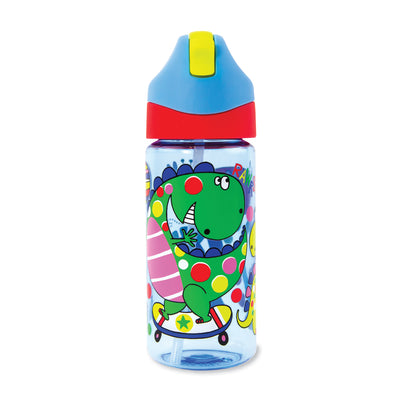 Photo of the Dinosaur themed drinking bottle standing up, with the yellow drinking spout folded down. The lid is blue and the rim of the bottle is red. The bottle itself is blue transparent with a large illustration of a green polka dotted dinosaur, with a pink and white striped tummy, riding a skateboard. 