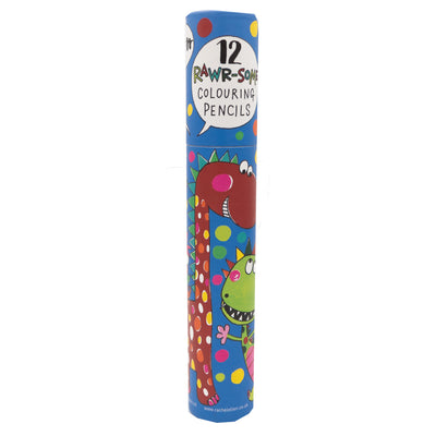 Rachel Ellen Dinosaur Colouring Pencils in a tube. Tube standing upright, it's a royal blue colour and is decorated in multicoloured polka dots. The lid of the tube has a white speech mark illustrated with the following text inside: '12 Rawr-some colouring pencils'. The base of the tube has a large illustration of a smiling brown dinosaur with yellow and orange spots and print, with a long neck, who is looking down at a smaller dinosaur. The smaller dinosaur is green with blushing cheeks.