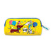 One side of a yellow pencil case with two happy, cartoon style dogs, holding balloons. One dog has a speech bubble saying 