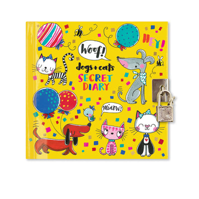 Square yellow diary with a cover design of colourful cats and dogs and confetti and a glossy, shiny lamination. The cover has a silver metal catch and small square padlock on the right hand side in the centre.