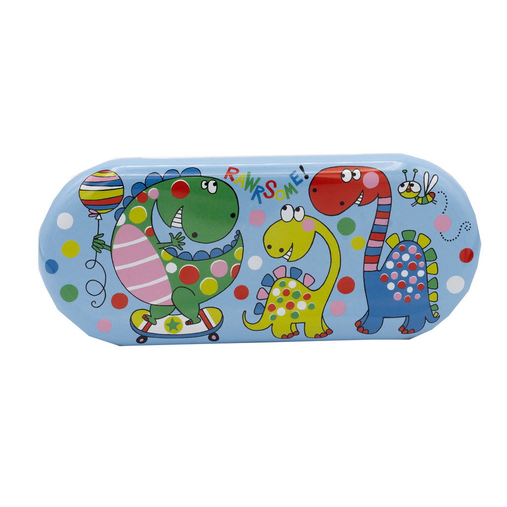 Photo of the top of a glasses case. The glasses case is a sky blue colour and is decorated in colourful green, red, yellow, blue, white and pink polka dots. There are illustrations of 3 happy looking dinosaurs all smiling at each other, one dinosaur is holding a colourful stripy balloon. 