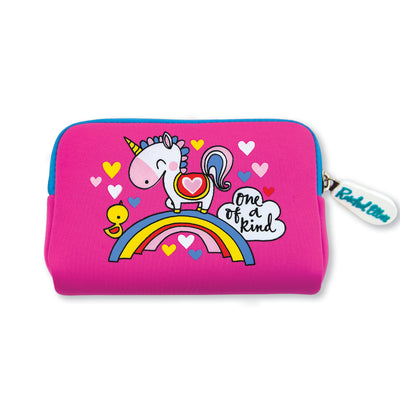 Birds eye view of the outer packaging of the Rachel Ellen Unicorn Purse as if it was laid flat. The purse is a bright pink colour with a blue trim around the zip / opening. On the front of the purse, there are bright illustrations of a unicorn, rainbow and a little yellow chick. The purse is also decorated with multi-coloured hearts and polka dots. The zip puller is a white tag with blue font that says: 'Rachel Ellen'.