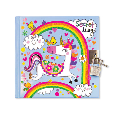 Birds eye view of the front cover of the Unicorn Secret Diary as if it was laid flat. The front cover features a colourful bright illustrations of a glittery unicorn, rainbows and clouds. The front cover is also decorated with multi-coloured hearts and polka dots. On the right hand side of the cover, there is silver padlock and key.