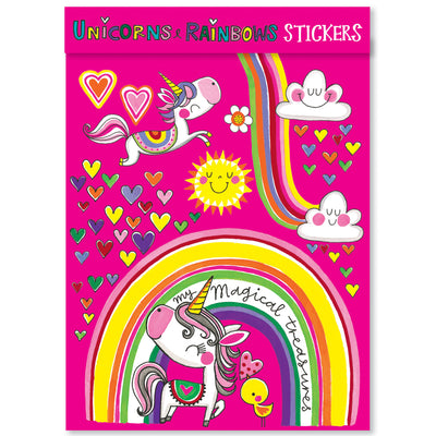Birds eye view of the outer front cover packaging of the Unicorn and Rainbows Stickers. The front cover is bright pink and features colourful unicorn and rainbow illustrations. There are also multi-coloured hearts, clouds with smiling facial expressions and and a yellow sun with a smiling facial expression.
