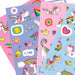 A close up view of the sheets of stickers. There are 4 sheets of stickers fanned out; one sheets is rosy pink, one sheet is lilac, one sheets is pastel pink and one sheet is pastel blue. The photo shows a selection of the multi-coloured stickers available, including stickers in the shape of unicorns, birds, stars, hearts and rainbows.