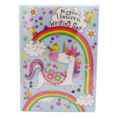 Birds eye view of the outer packaging of the Unicorn Writing Set as if it was laid flat. The packaging is a colourful folder with bright illustrations of unicorns and rainbows . The folder is also decorated with multi-coloured hearts and polka dots.