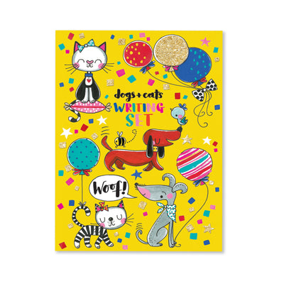 The cover of the Rachel Ellen writing set. Design is colourful cartoon cats and dogs and confetti on a yellow background.