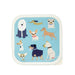 Birds eye view of the lid of one of the square shaped snack boxes, featuring cute illustrated dogs of all different breeds, on a light blue background with a cream border.