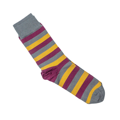A pair of bamboo socks with thick gold, burgundy and grey stripes. The socks have a grey ankle band and toe and burgundy heel.