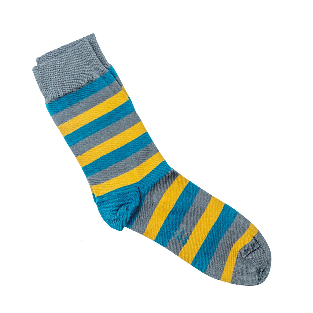 A pair of bamboo socks with thick gold, teal and grey stripes. The socks have a grey ankle band and toe and teal heel.