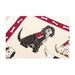 Just the top corner of the tea towel showing the red boarder with dog bones and a very smiley black and white cockapoo wearing a Hearing Dog jacket.