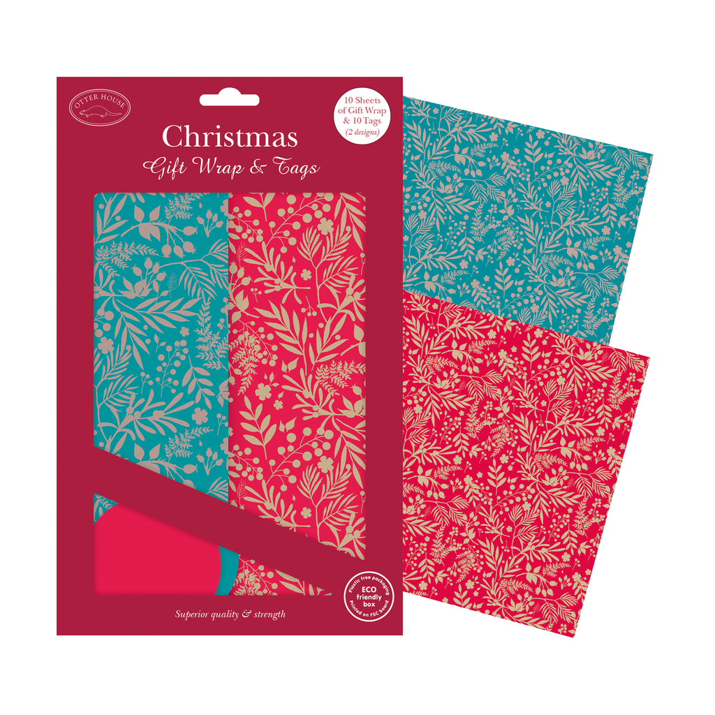 Two designs of gift wrap, one teal and one red, both with gold festive plant shapes. Gift wrap is in red card packaging and shows circular gift tags in red and teal.