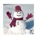 Square Christmas card, flat image, featuring a photo of a happy snowman with his gloved hands in the air. The snowman is wearing a hat with pawprints on, a scarf and gloves all in the Hearing Dogs burgundy.