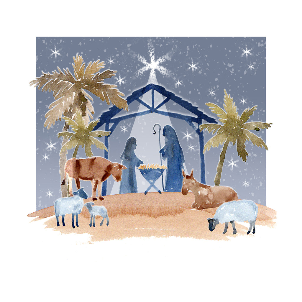The front cover of a festive religious greeting card, featuring a Nativity scene. The scene centres around the silhouette of Mary and Joseph under the stable standing over the manger; there are palm trees and farm animals surrounding them, including sheep, a donkey and a cow. The background of the card is a grey starry sky.