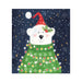 The front cover of a festive greeting card. The image on the front of the cover is of an illustrated Polar Bear dressed in a green jumper and wearing a red Christmas hat. The Polar Bear has Christmas lights wrapped around them. The Polar Bear is smiling. The backdrop to the image is a navy blue background with gold stars, silver snowflakes and white snowdrops falling over the Polar Bear. 